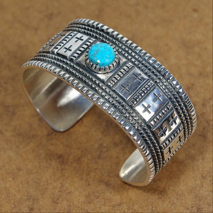 Morenci Turquoise Cabachon Stamped Silver Cuff