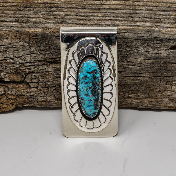 Morenci Turquoise & Stamped Sterling Silver Money Clip by Gene & Martha Jackson