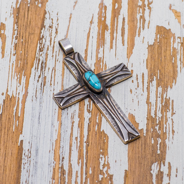 Turquoise & Silver Cross Pendant by Bo Reeves