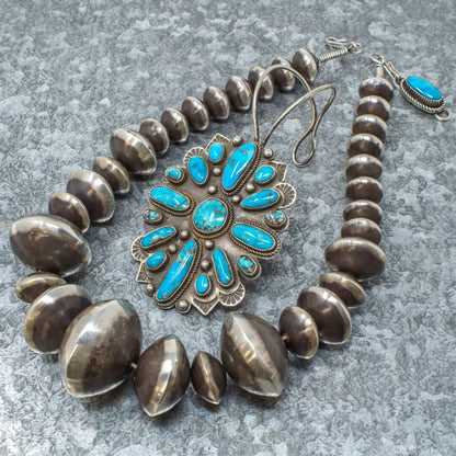 Morenci Turquoise Pendant with Navajo Pearls by Tommy Jackson