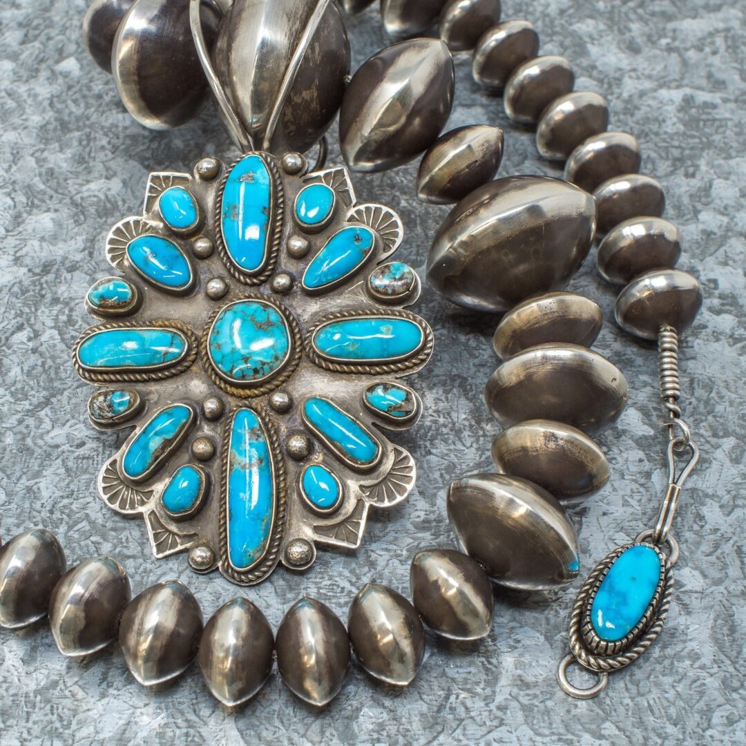 Morenci Turquoise Pendant with Navajo Pearls by Tommy Jackson