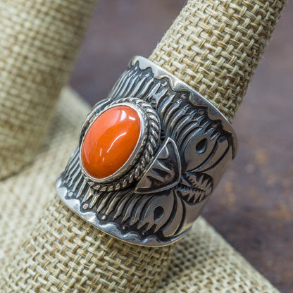 Coral & Stamped Sterling Silver Ring by Derrick Gordon Size 9.5