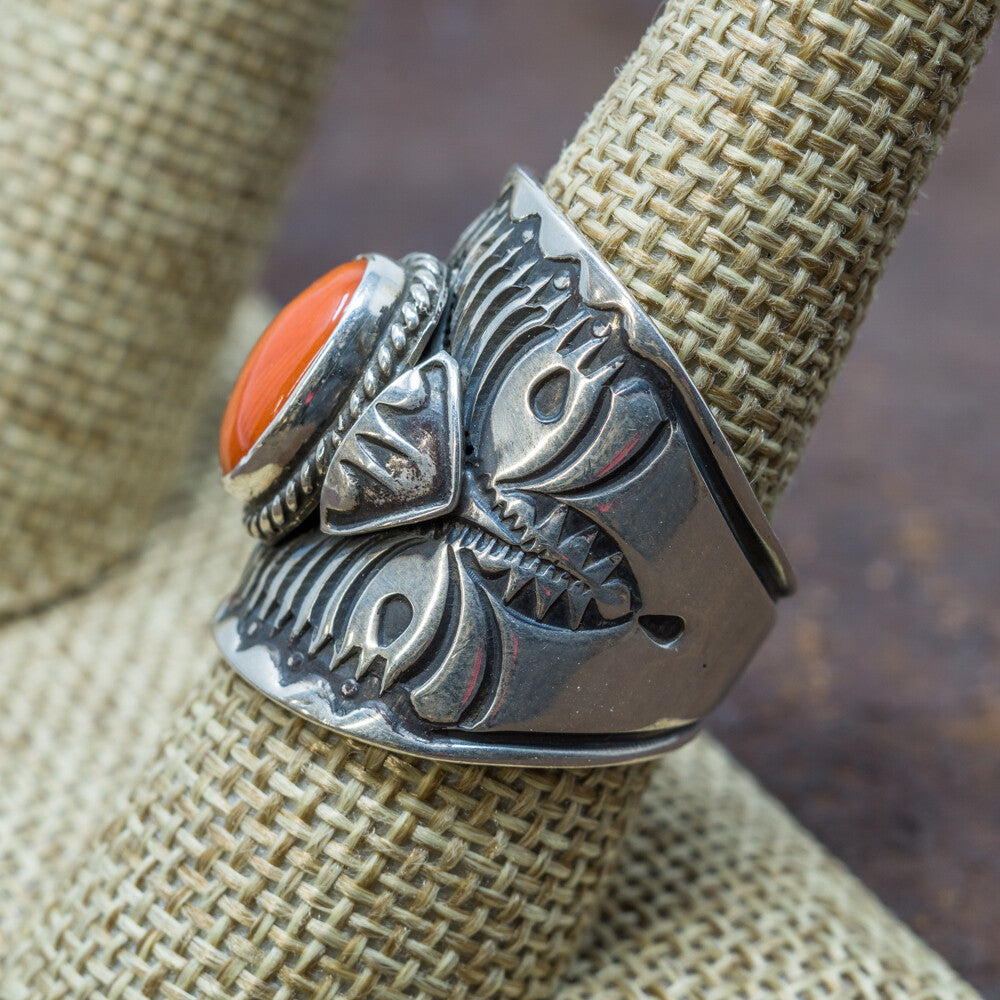 Coral & Stamped Sterling Silver Ring by Derrick Gordon Size 9.5