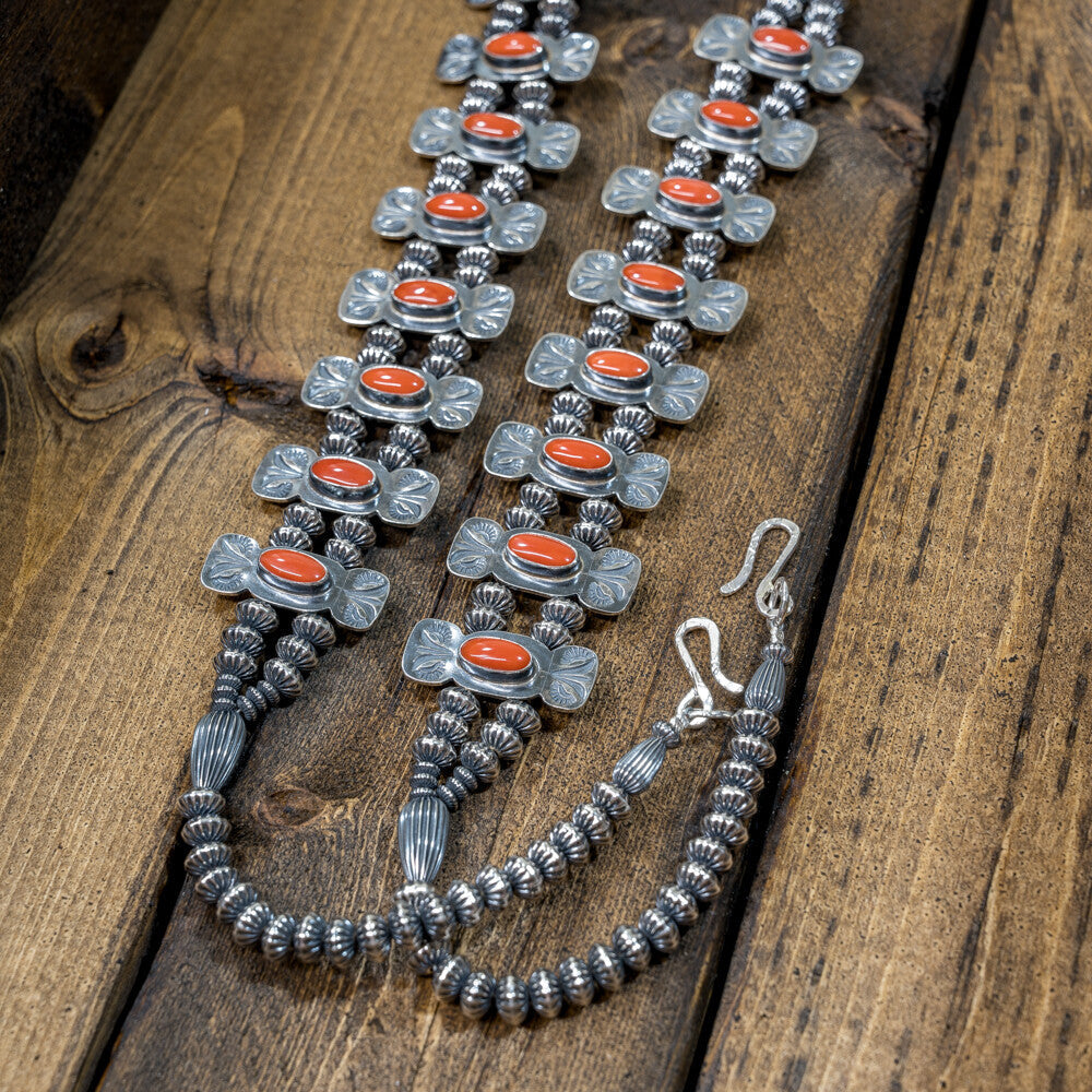 Coral & Sterling Silver Squash Blossom Necklace by EM Teller