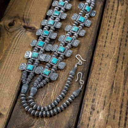 Kingman Turquoise & Sterling Silver Squash Blossom Necklace by EM Teller