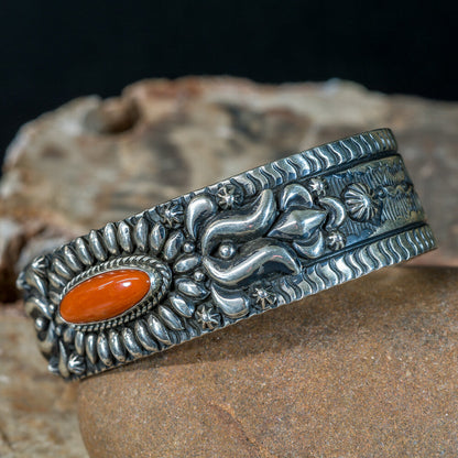 Becenti Coral Stamped Sterling Silver Cuff Bracelet