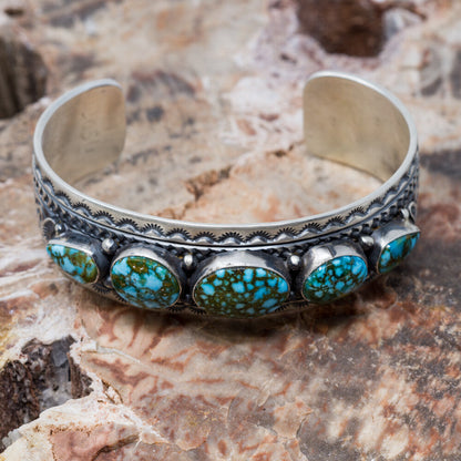 Kingman Turquoise & Stamped Sterling Silver Cuff Bracelet by June Defauito