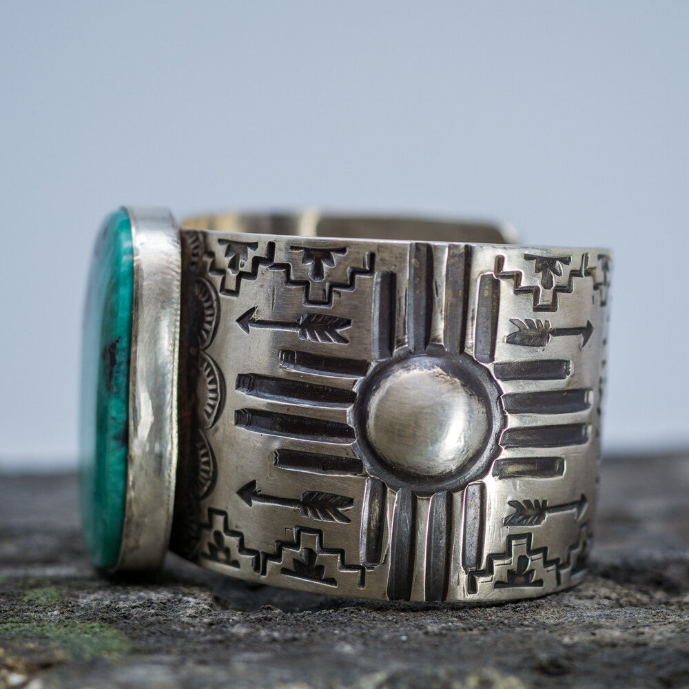 Sterling Silver Cuff Bracelet with Carico Lake Turquoise by Ronnie Willie