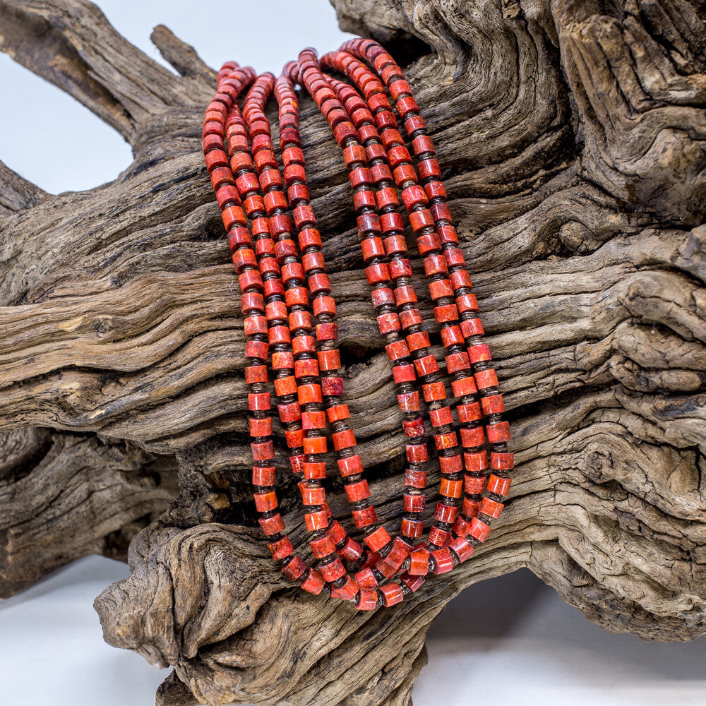 Sponge Coral & Olive Shell Four Strand Beaded Necklace by Harvey Abeyta