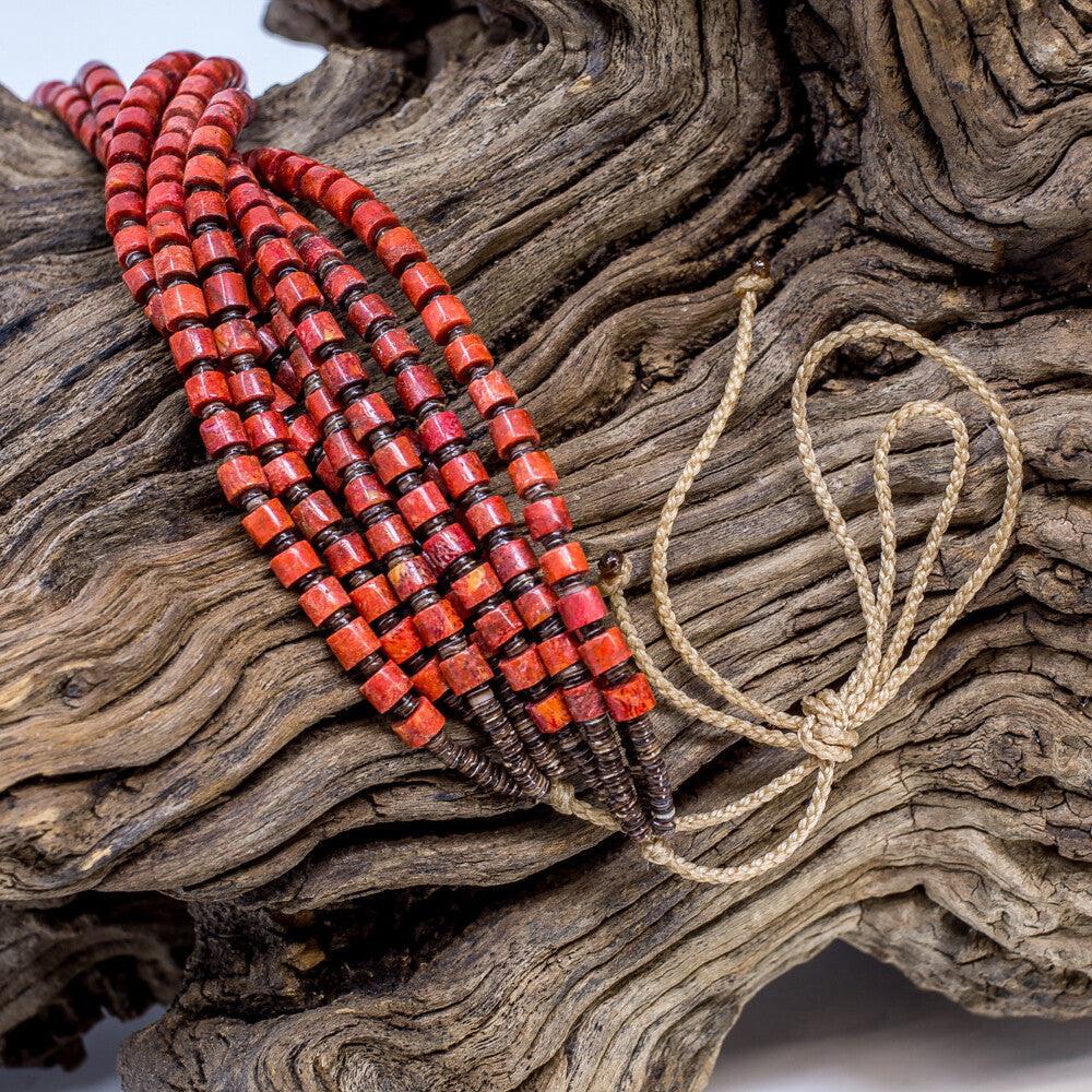 Sponge Coral & Olive Shell Four Strand Beaded Necklace by Harvey Abeyta