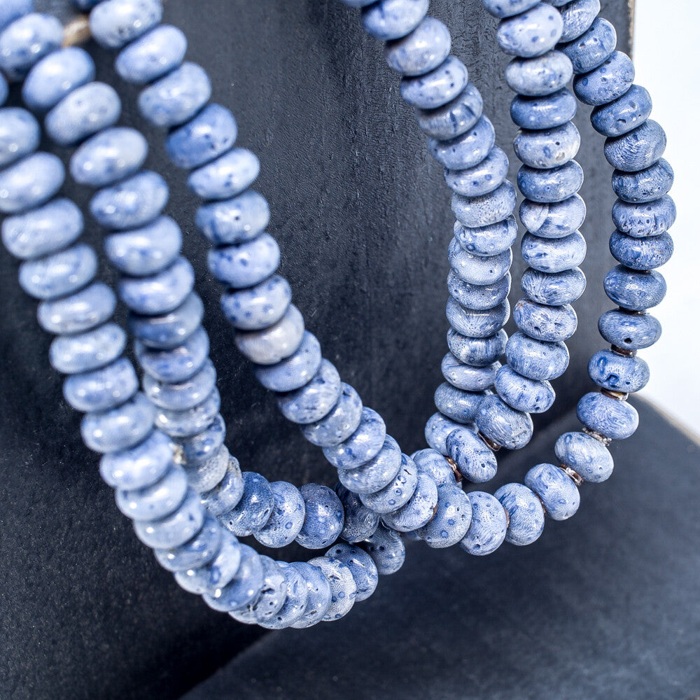Denim Lapis, Turquoise, Olive Shell & Sponge Coral Beaded Necklace by Priscilla Nieto