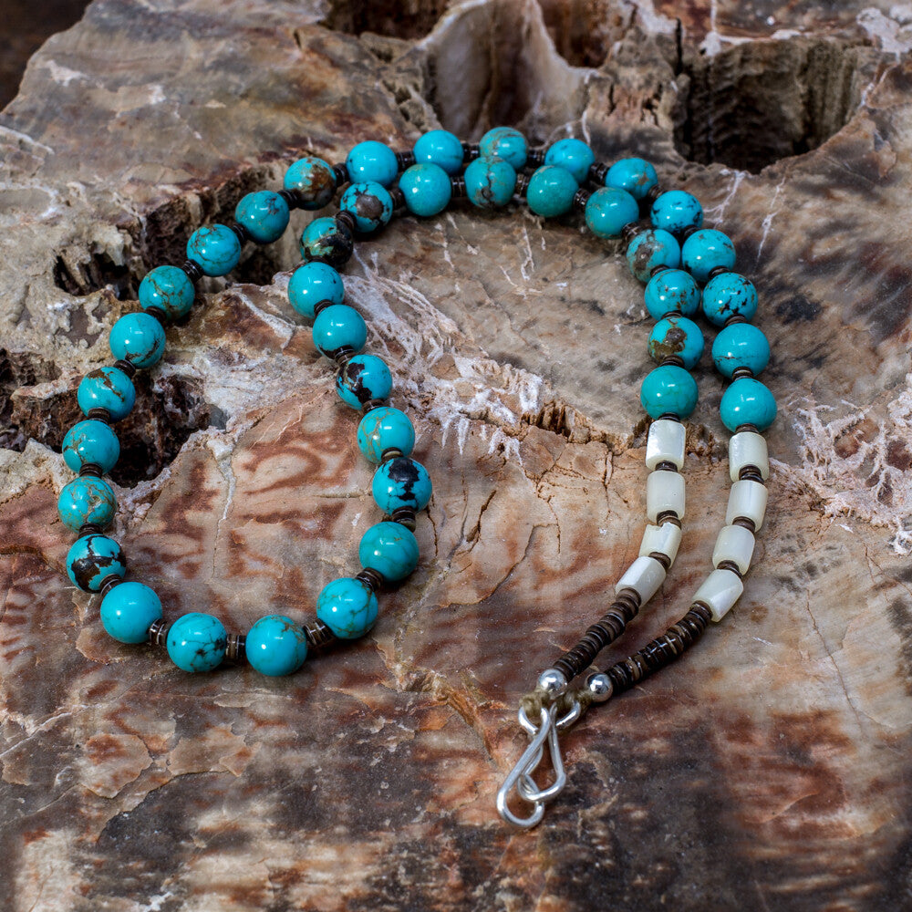 Turquoise, Mother of Pearl & Olive Shell Beaded Necklace by Harvey Abeyta