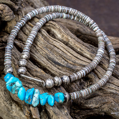 Turquoise, Gray Shell & 1980s Bisbee Turquoise & Silver Beaded Necklace by Priscilla Nieto