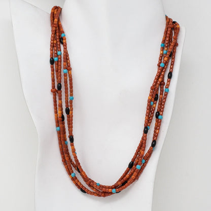 Bamboo Coral, Jet & Turquoise Beaded Necklace