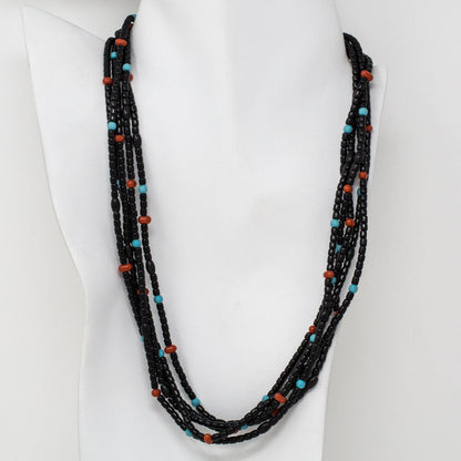 Jet, Turquoise & Bamboo Coral Beaded Necklace