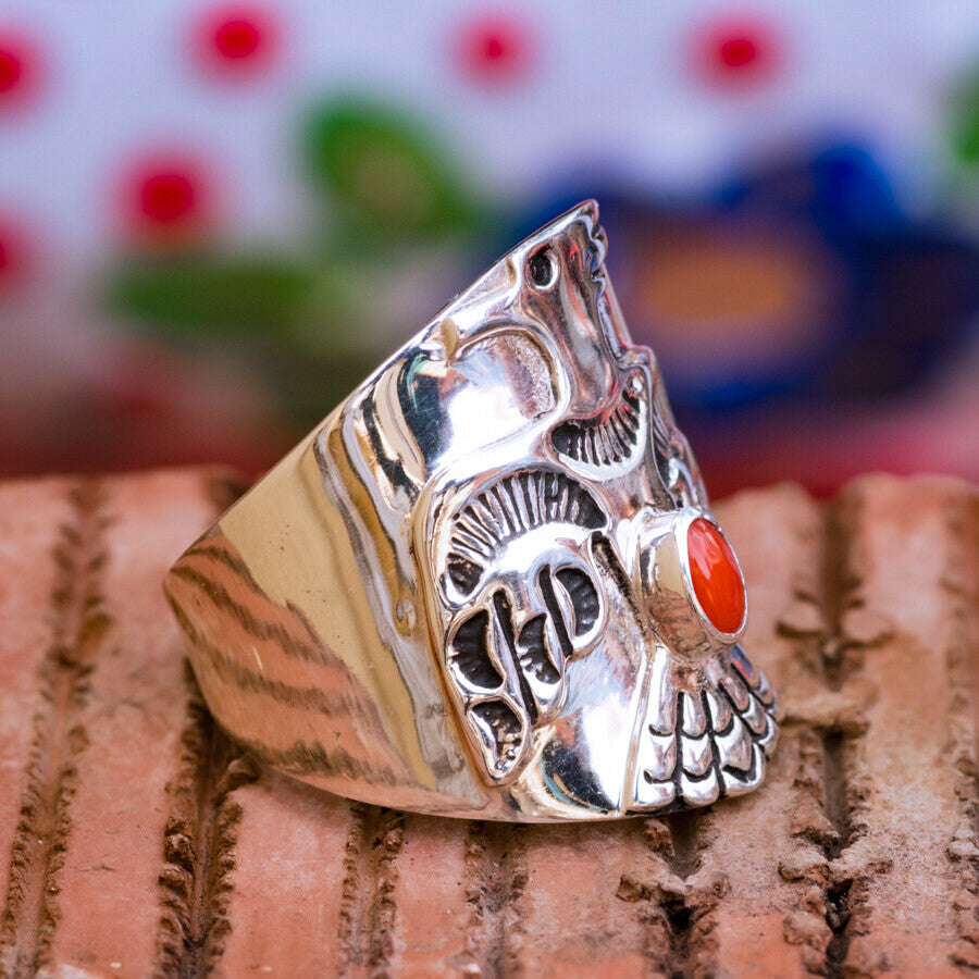 Coral & Sterling Silver Thunderbird Ring Size 9