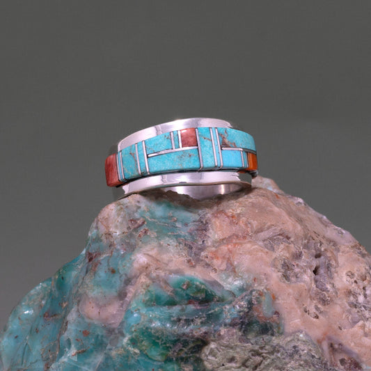 Kingman Turquoise & Spiny Oyster Mosaic Tile Ring Size 9.25 by Tommy Jackson
