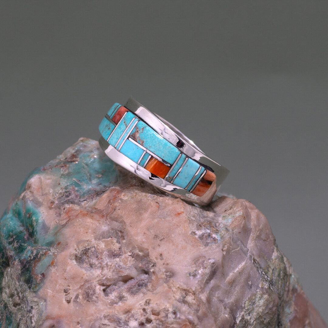 Kingman Turquoise & Spiny Oyster Mosaic Tile Ring Size 9.25 by Tommy Jackson