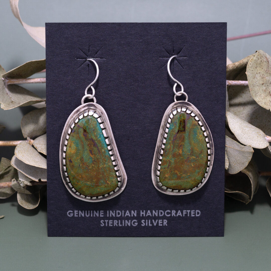 Hachita Turquoise Cabachon Earrings in Sterling Silver Setting by Tommy Jackson