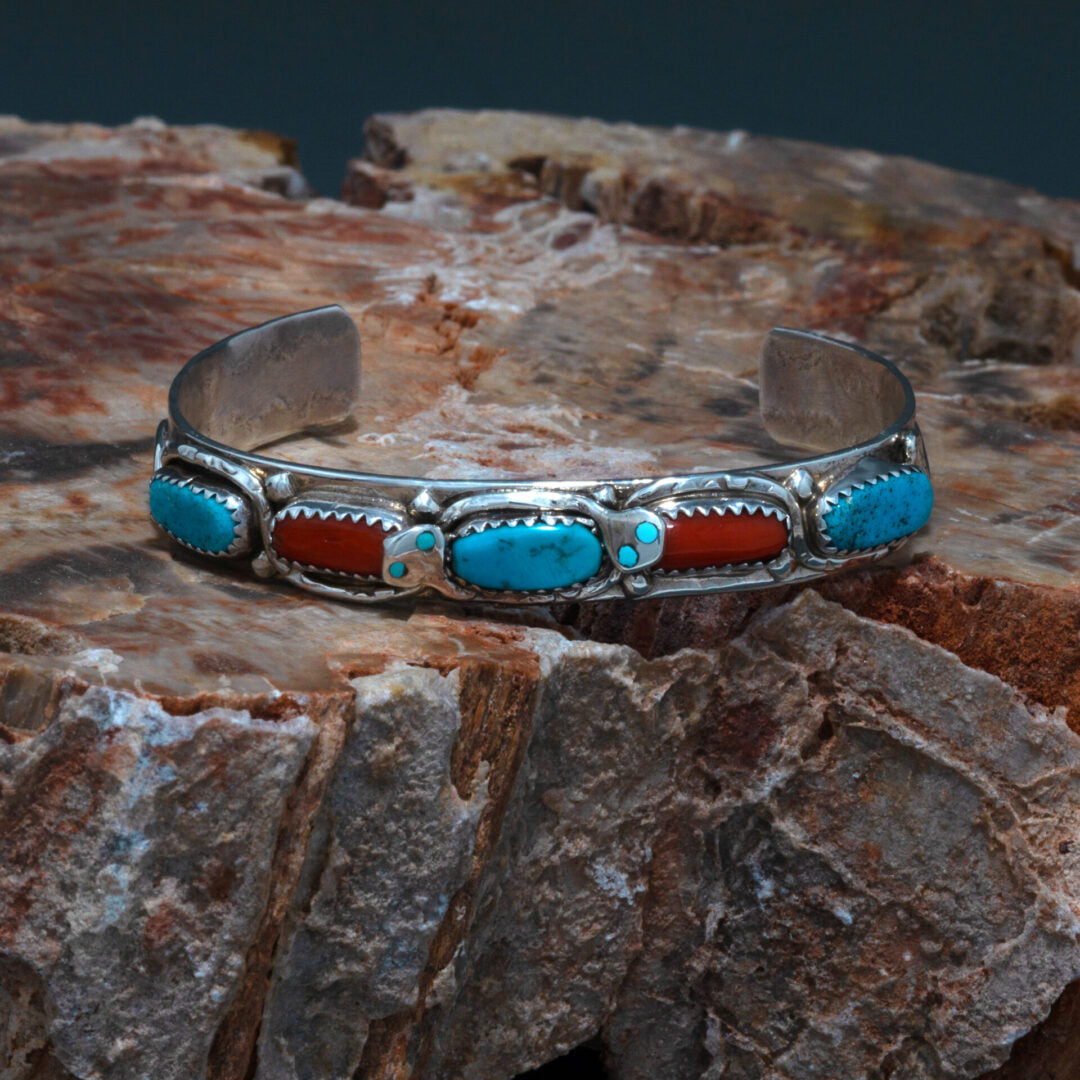 Spiny Oyster and Sleeping Beauty Turquoise Snake Eyes Cuff Bracelet by Effie Calavaza