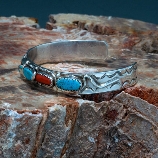 Spiny Oyster and Sleeping Beauty Turquoise Snake Eyes Cuff Bracelet by Effie Calavaza