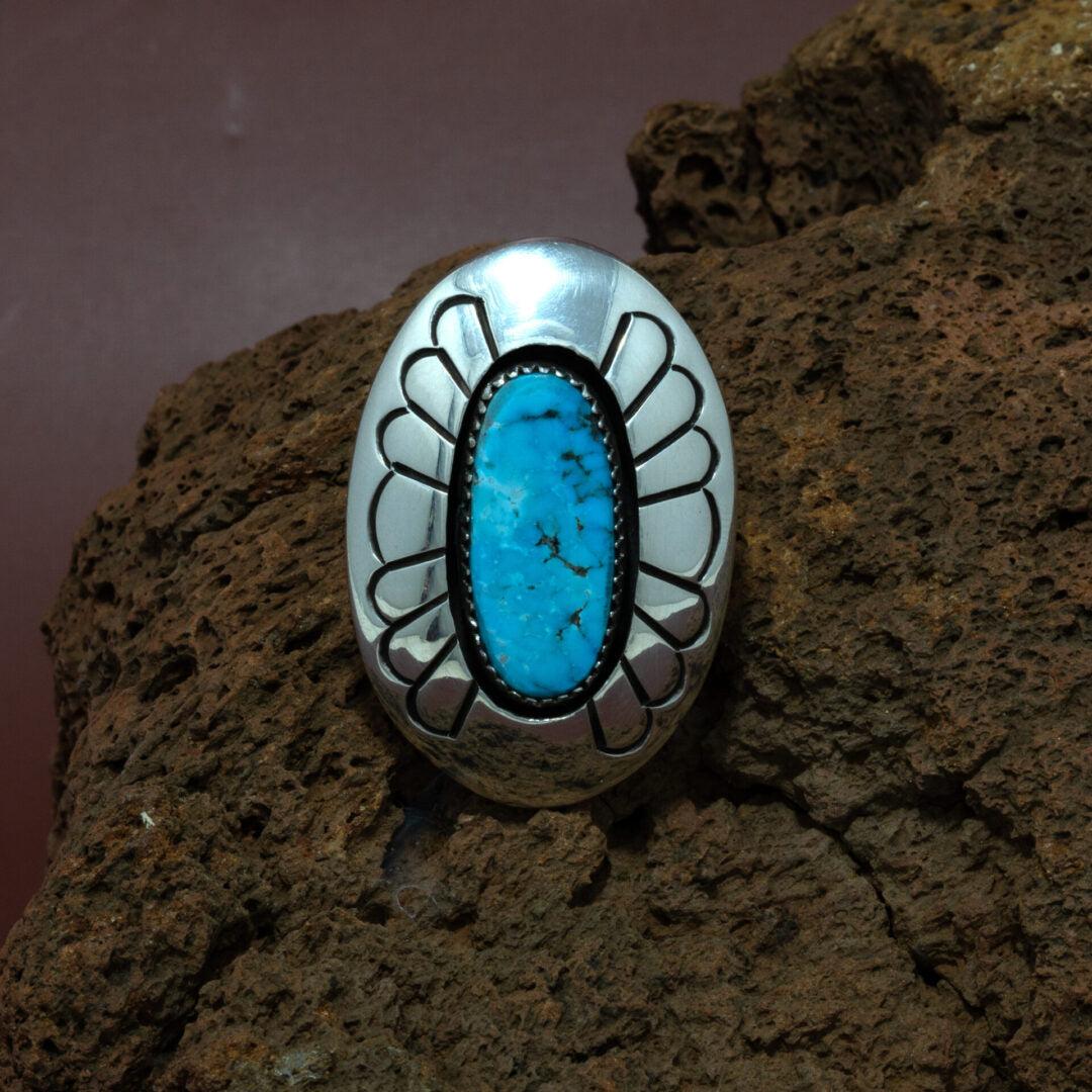 Morenci Turquoise Cabachon Ring in Wide Setting by Tommy Jackson | Size 7