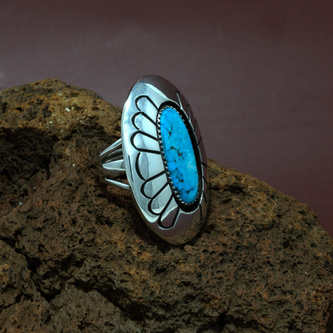 Morenci Turquoise Cabachon Ring in Wide Setting by Tommy Jackson | Size 7