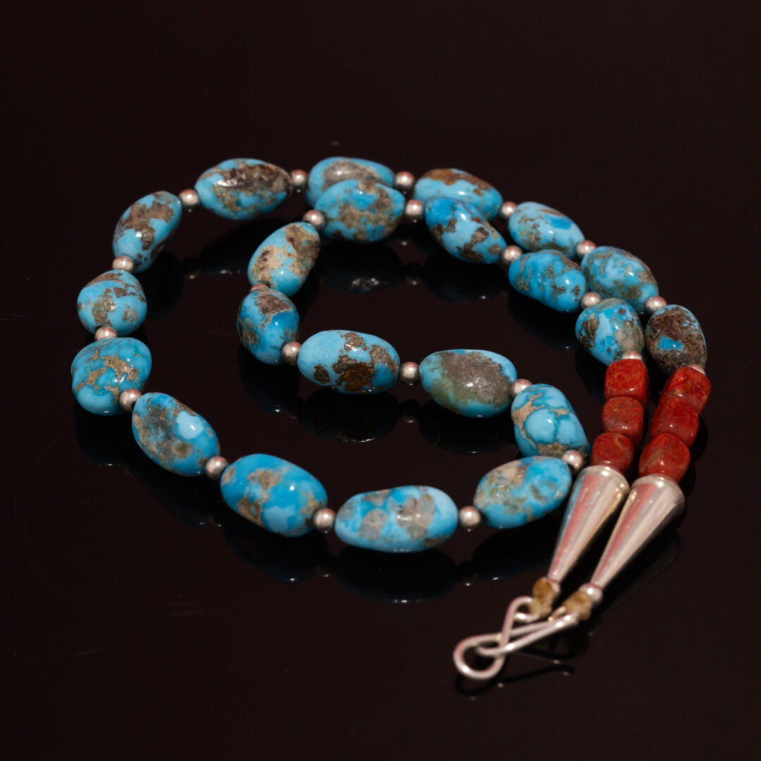 Bisbee Turquoise & Sponge Coral Beaded Necklace with Sterling Clasp by Harvey Abeyta
