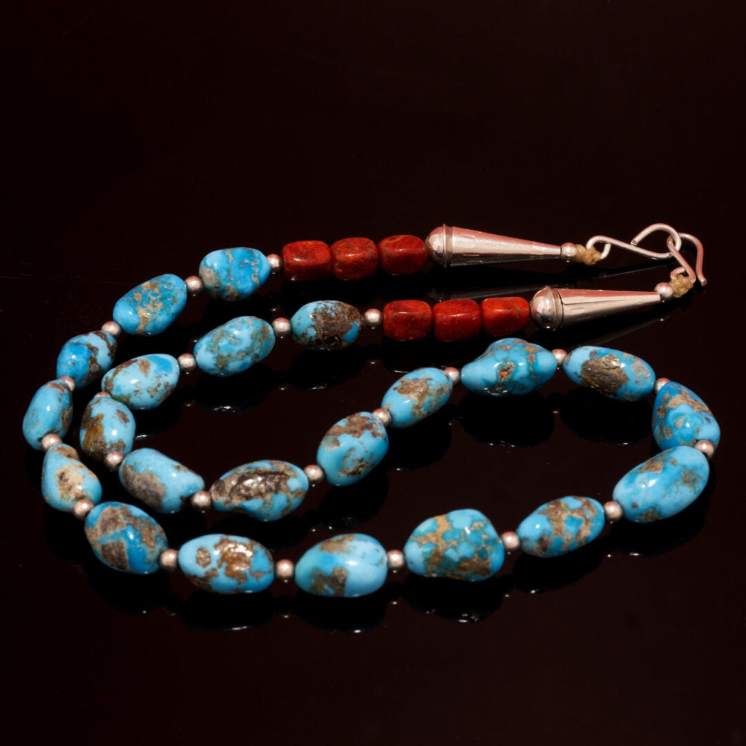 Bisbee Turquoise & Sponge Coral Beaded Necklace with Sterling Clasp by Harvey Abeyta