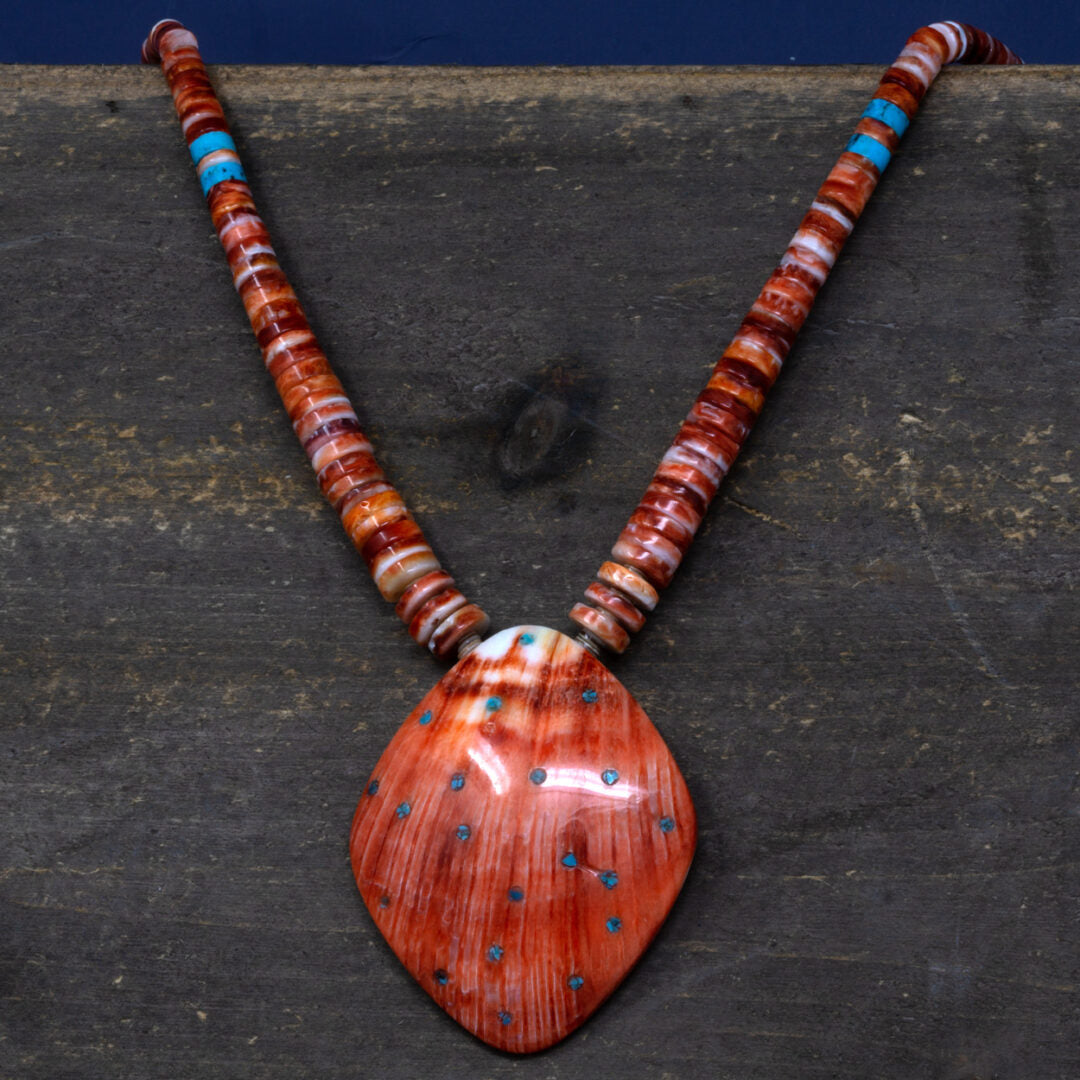 Spiny Oyster Shell with Turquoise Inlays Beaded Necklace by Priscilla Nieto