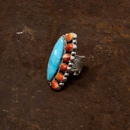 Kingman Turquoise & Spiny Oyster Ring by Tony Yazzie - Size 9.25