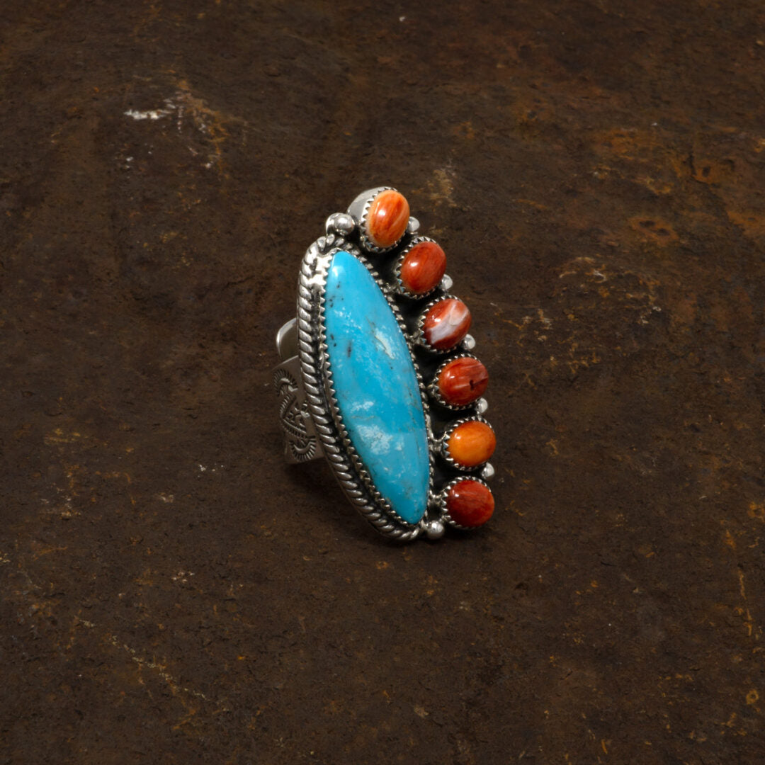 Kingman Turquoise & Spiny Oyster Ring by Tony Yazzie - Size 9.25