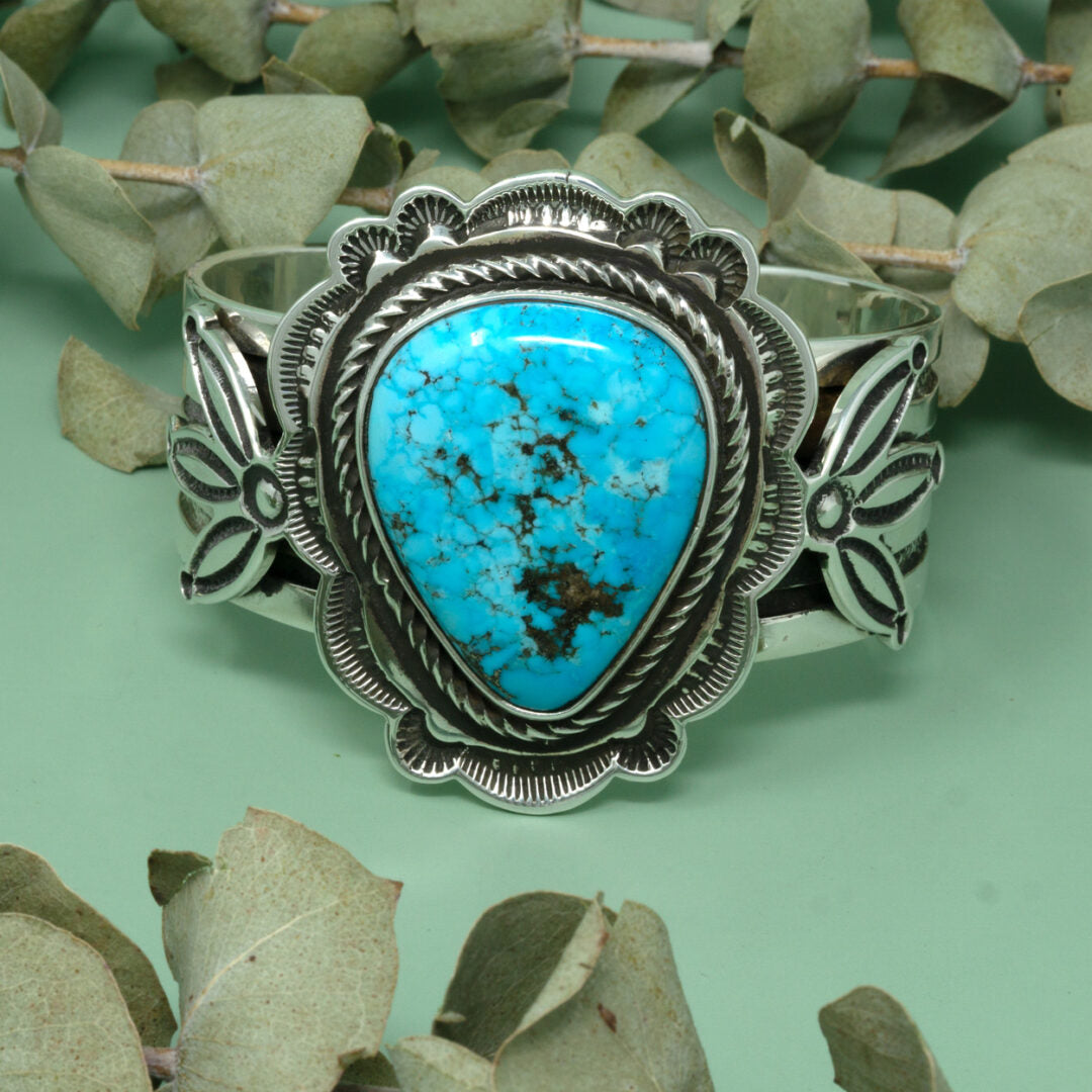 Morenci Turquoise Stamped Setting Cuff Bracelet by Tommy Jackson