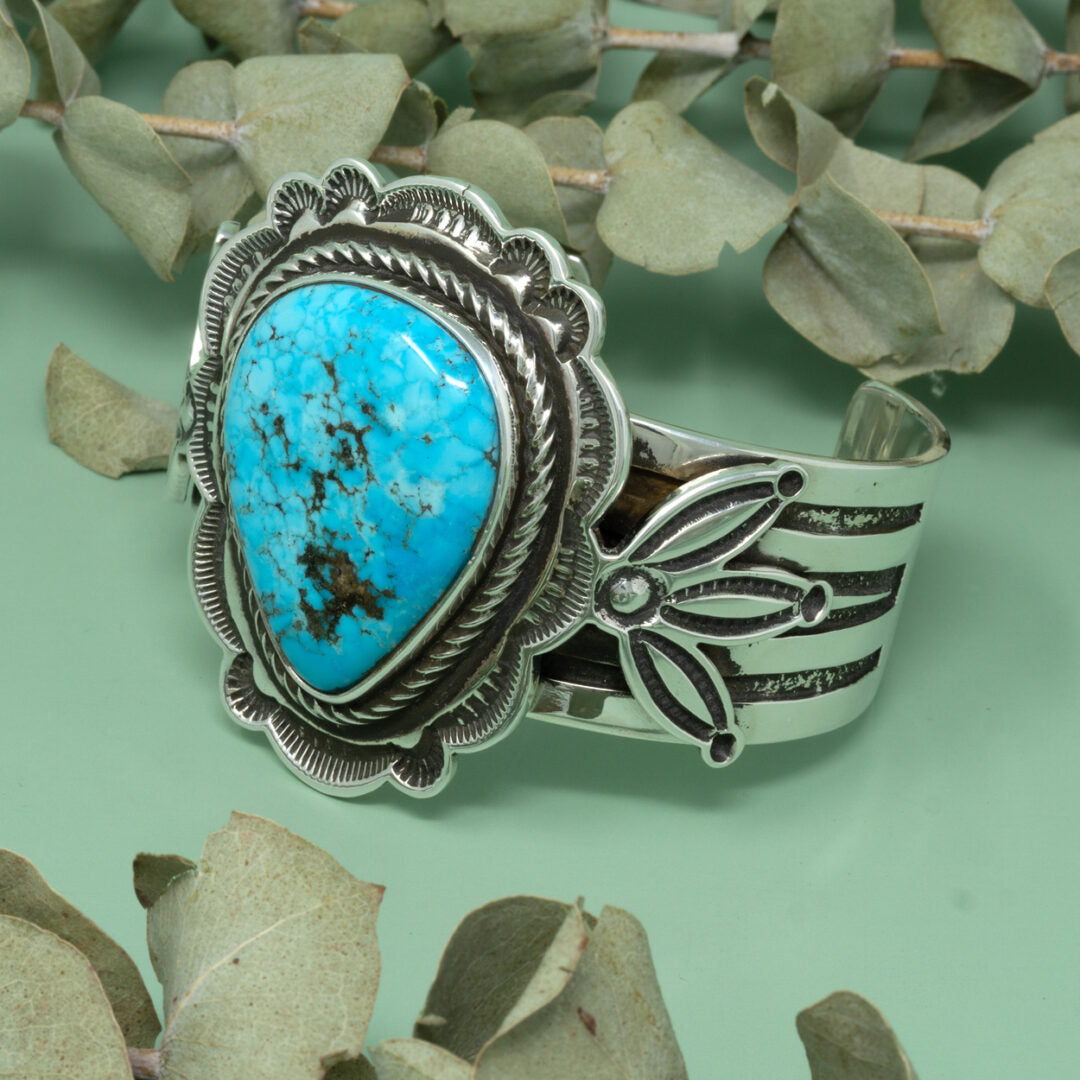 Morenci Turquoise Stamped Setting Cuff Bracelet by Tommy Jackson