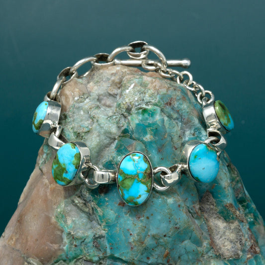 Sonoran Gold Turquoise Cabachon Polished Silver Linked Bracelet