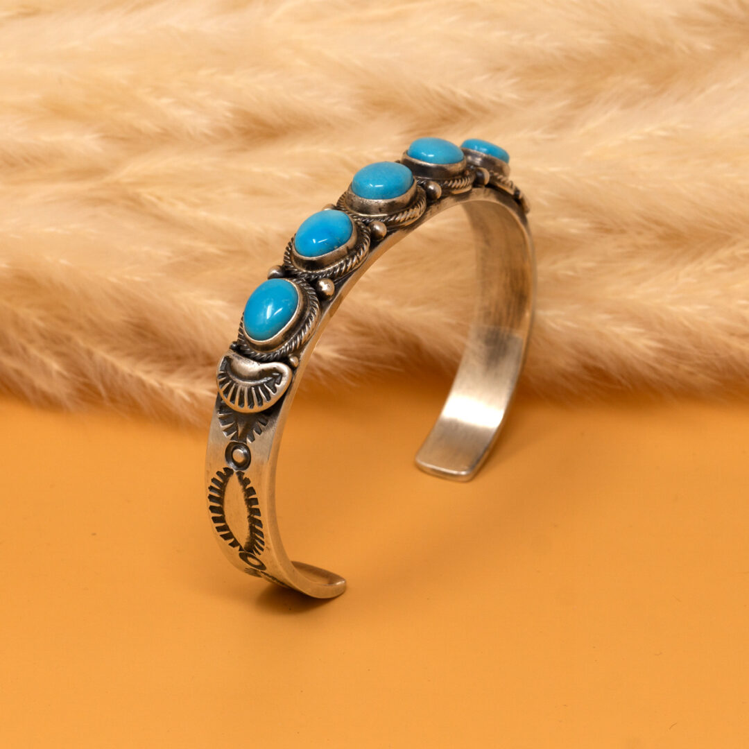 Five Cabachon Kingman Turquoise Stamped Cuff Bracelet by JH