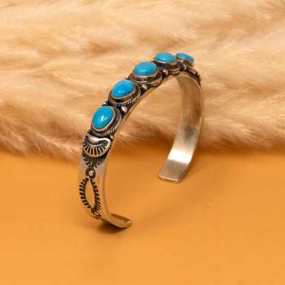 Five Cabachon Kingman Turquoise Stamped Cuff Bracelet by JH