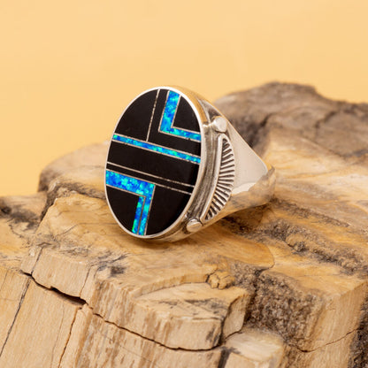 Opal, Onyx Mosaic Inlay Oval Ring Size 14 by Abel Toledo
