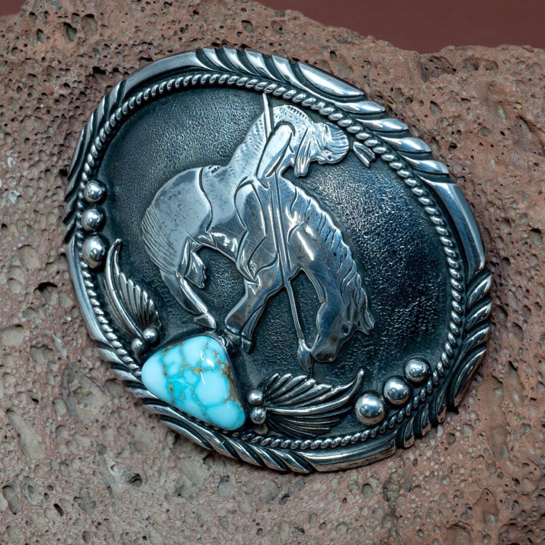 Horse and Rider Turquoise Cabochon Belt Buckle by Mike Platero