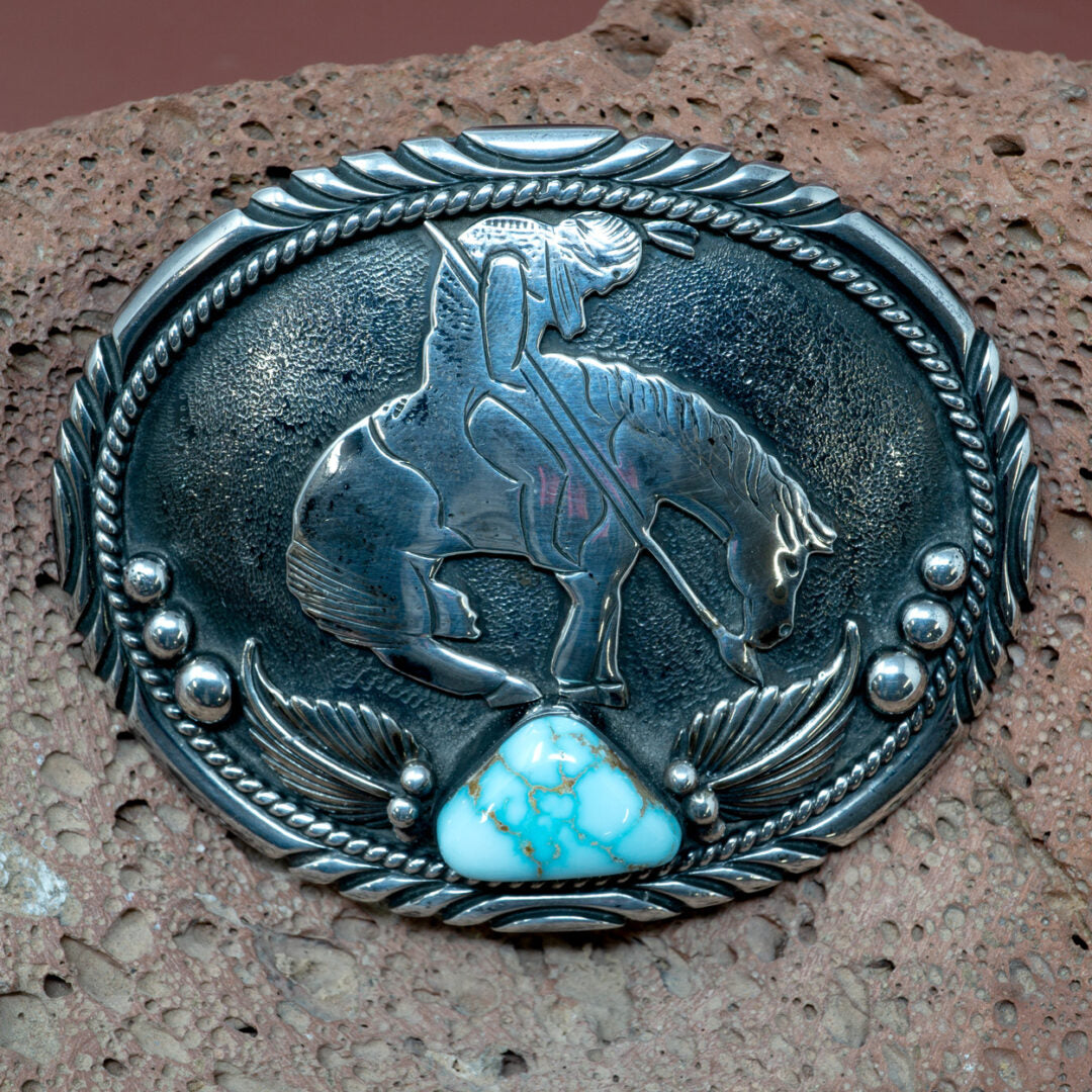 Horse and Rider Turquoise Cabachon Belt Buckle by Mike Platero