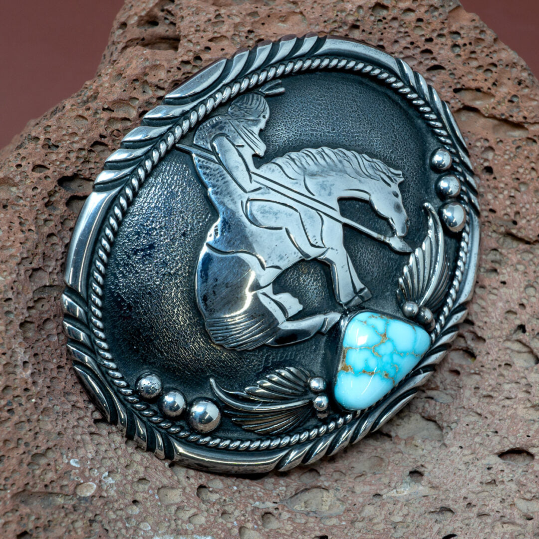 Horse and Rider Turquoise Cabachon Belt Buckle by Mike Platero