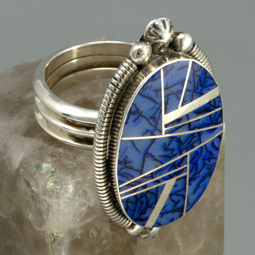 Lapis Zuni Inlay Lapidary Ring by Wydell Billie - Size 9