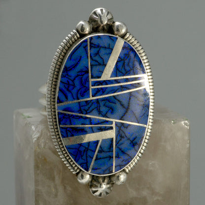 Lapis Zuni Inlay Lapidary Ring by Wydell Billie - Size 9
