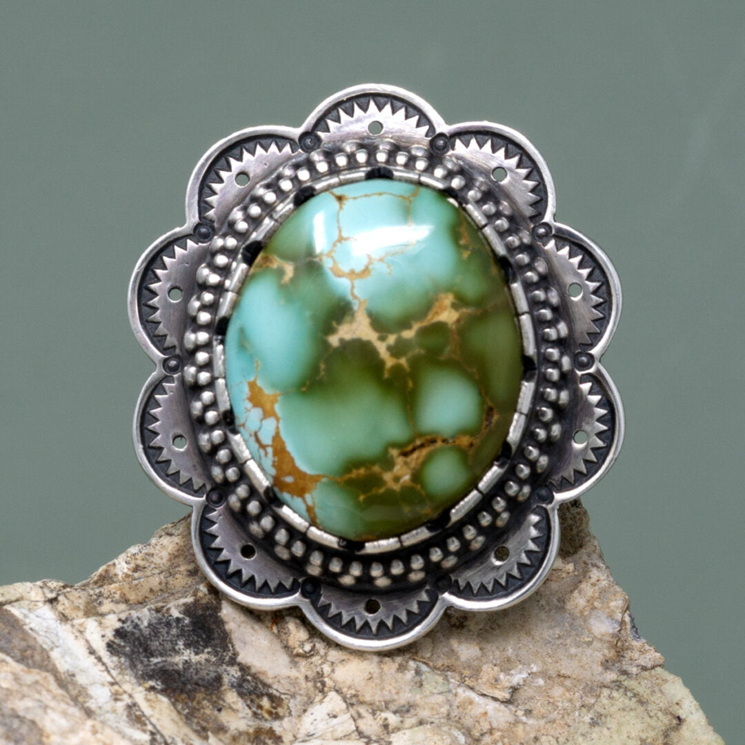 Royston Turquoise Stamped Setting Ring by Chris Billie | Size 7.5