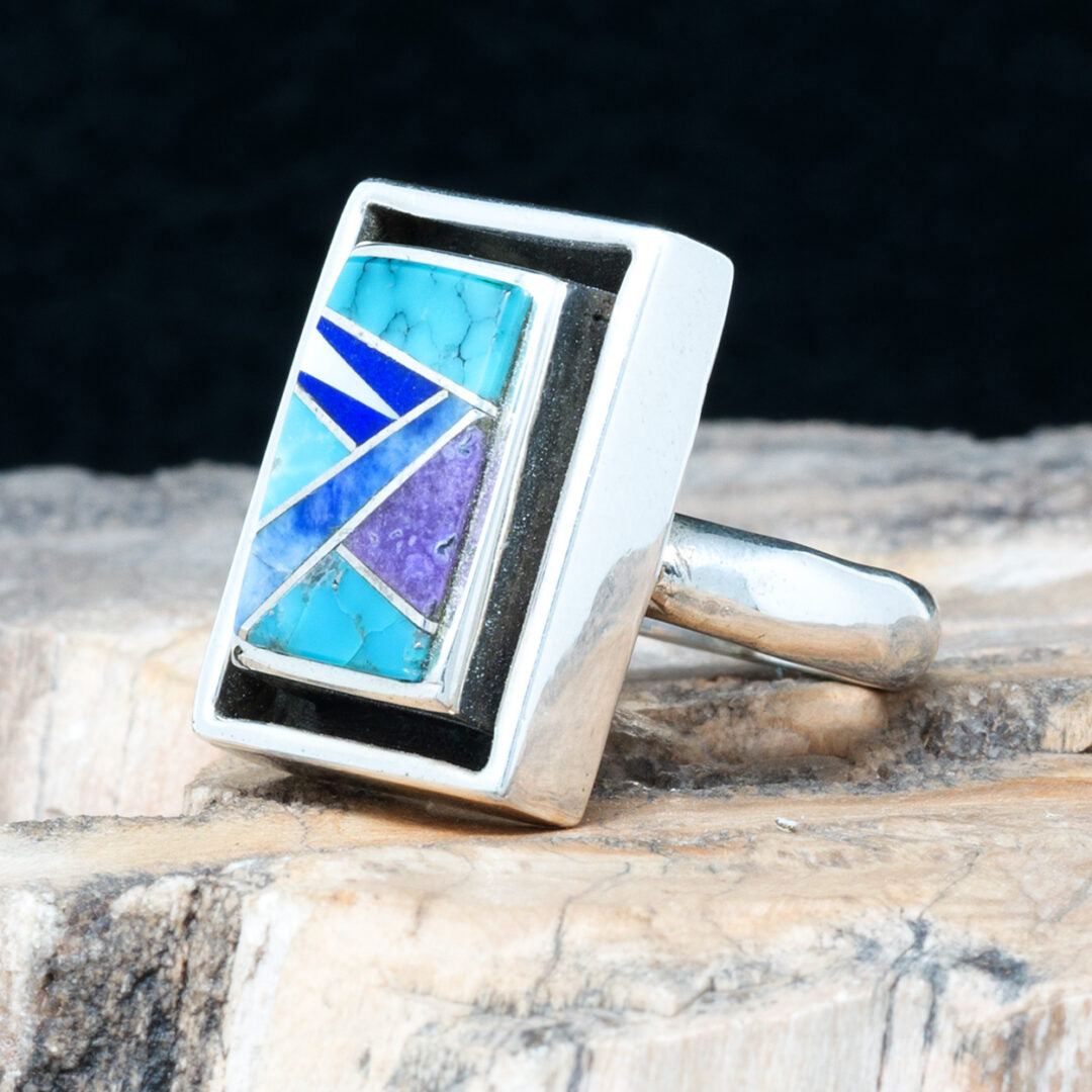 Turquoise Lapis Amethyst Zuni Lapidary Rectangle Ring by Touch of Santa FE | Size 6.5