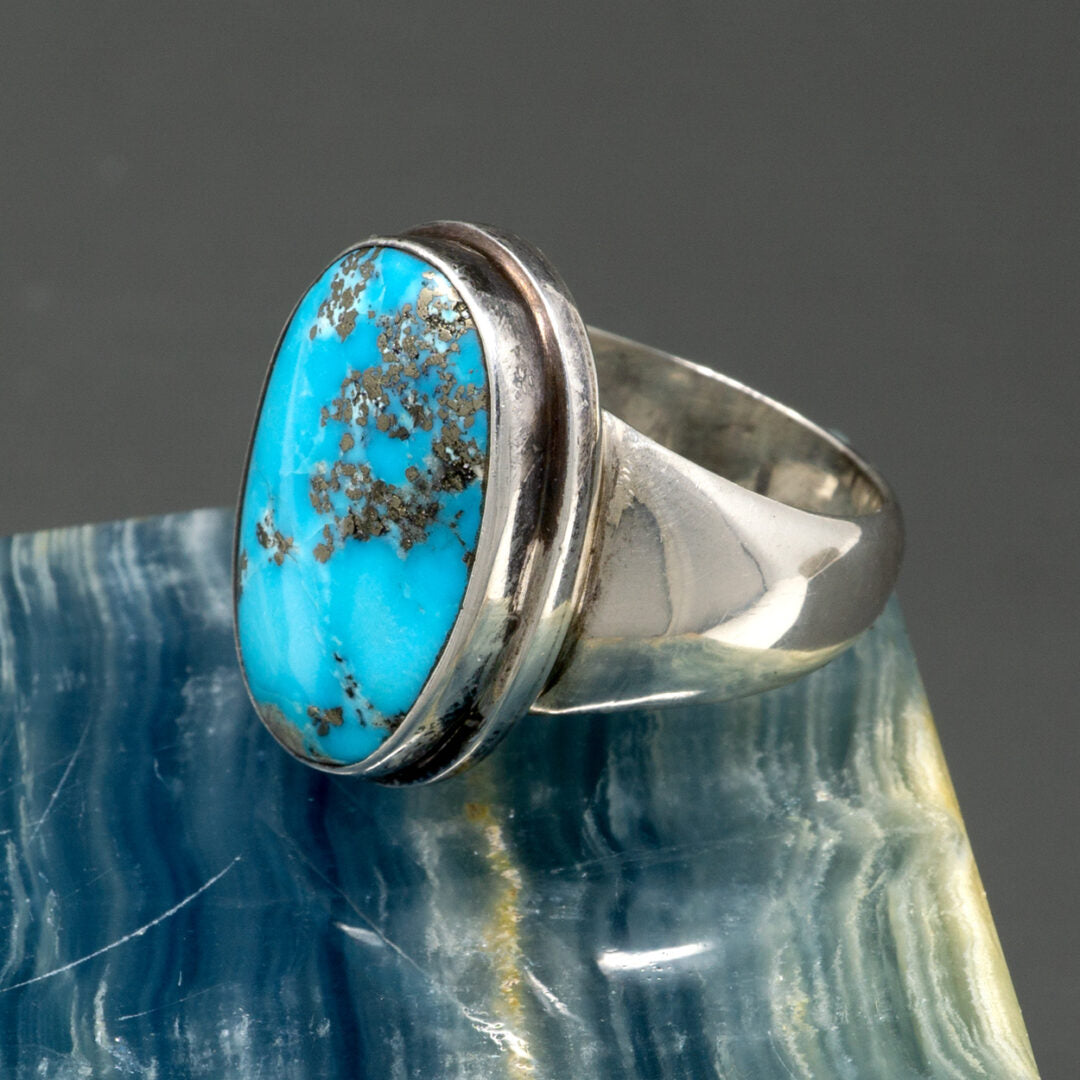 Morenci Turquoise Cabachon in Modern Setting Sterling Silver Ring | Size 8.5