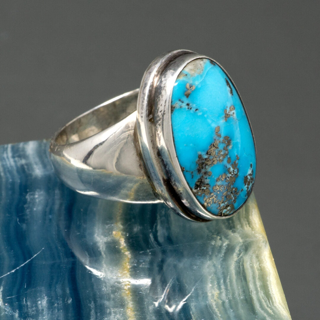 Morenci Turquoise Cabachon in Modern Setting Sterling Silver Ring | Size 8.5