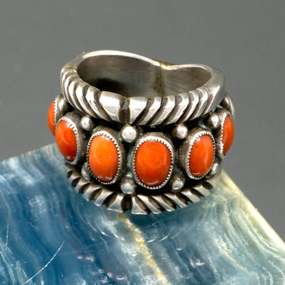 Coral Cabachon & Sterling Silver Ring by Calvin Martinez | Size 8.5