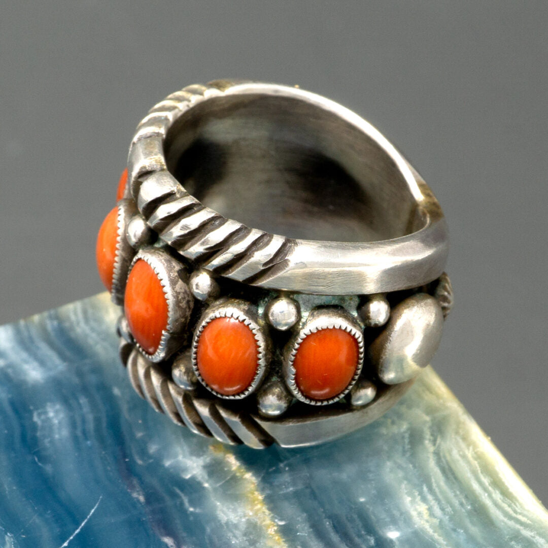 Coral Cabachon & Sterling Silver Ring by Calvin Martinez | Size 8.5