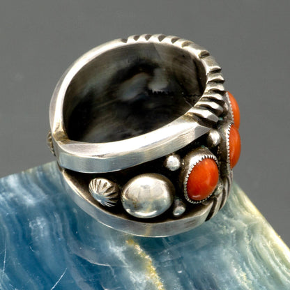 Coral Cabachon & Sterling Silver Ring by Calvin Martinez | Size 8.5